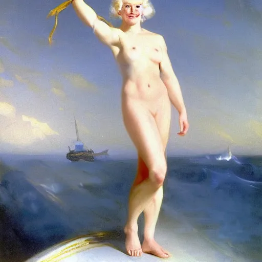 Image similar to painting of a buff cute albino female sailor woman with broad shoulders, flowing white hair, and a confident smile, ocean background. painting by john singer sargent and ivan aivazovsky, 4 k hd artstation
