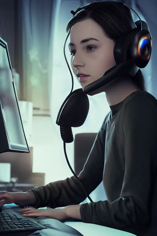 Image similar to gamer girl playing a game on her computer, portrait shot of her face lit up by the monitor, wearing gaming headset, hyperrealistic, trending on artstation, intricate detail, dark atmosphere, dynamic lighting