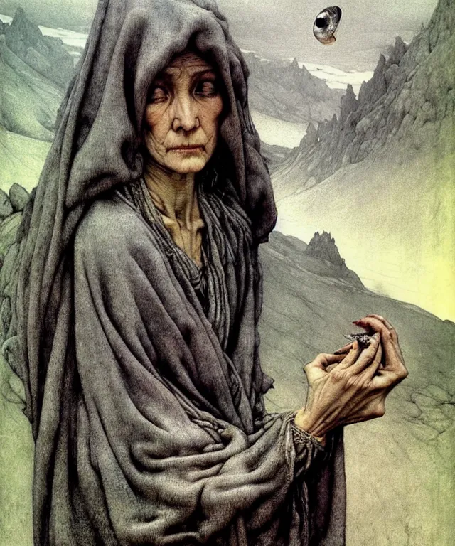 Image similar to A detailed gray-eyed woman with the head of a fish stands among the mountains with a pebble in hands. Wearing a ripped mantle, robe. Extremely high details, realistic, fantasy art, solo, masterpiece, art by Zdzisław Beksiński, Arthur Rackham, Dariusz Zawadzki