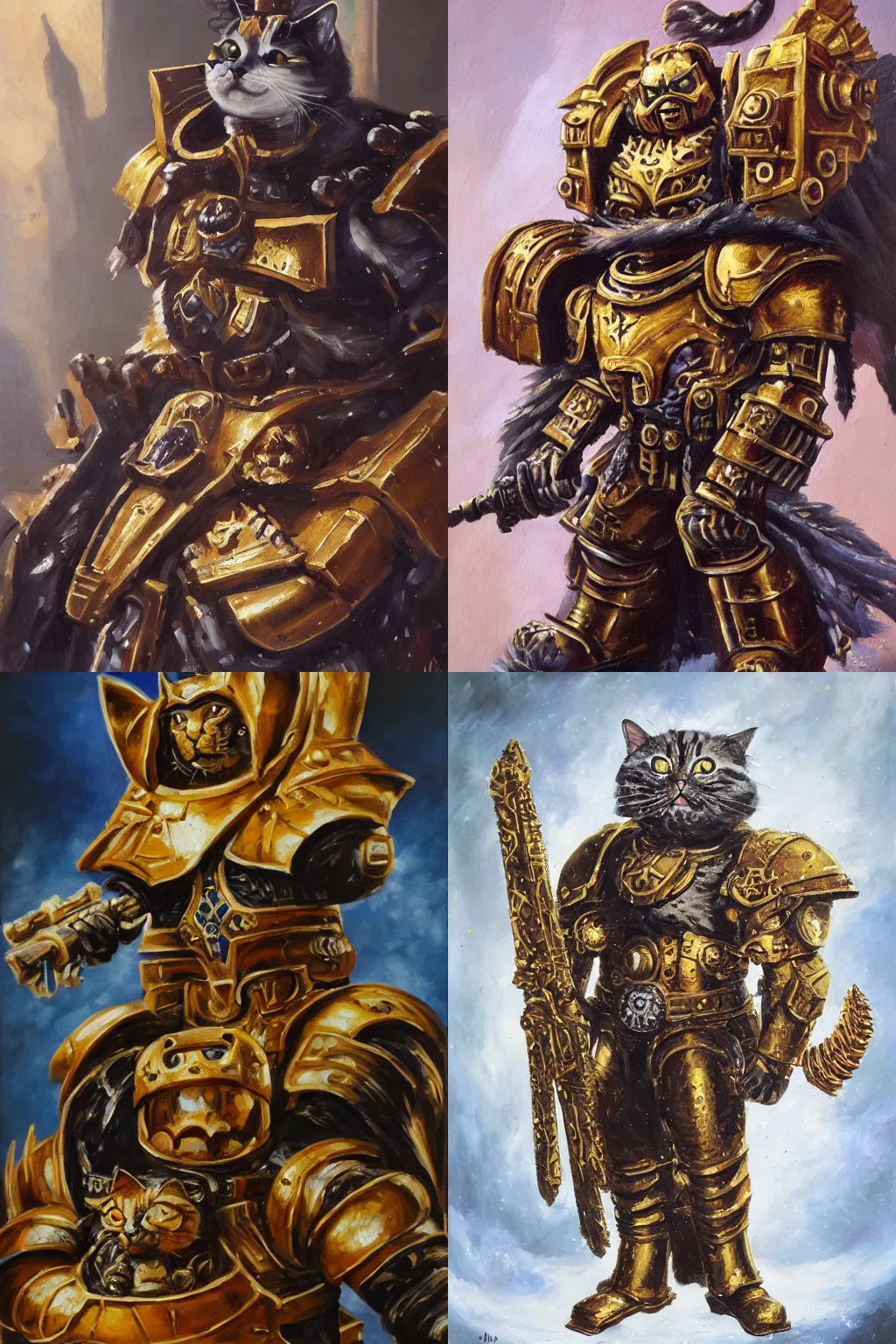 Prompt: an oil painting of a cat as the emperor of Mankind from the Warhammer 40k, Warhammer 40k, golden armour, glorious, cinematic