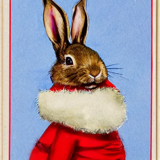 Image similar to a christmas card of a rabbit dressed as santa, in the style of anders zorn