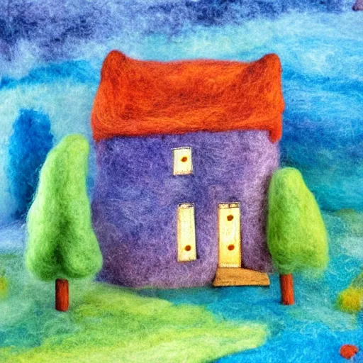 Prompt: small wooden house in the middle of enchanted forest, bright colours, watercolor, volumetric wool felting, macro photography, children illustration, by vacher christophe