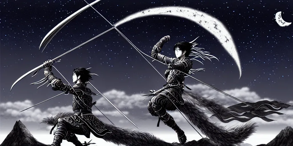 Image similar to korean archer. dragon. night sky. moon. mountain. dark fantasy. high resolution. epic fight. detailed. digital art. dark fantasy. kentaro miura