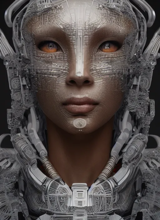 Image similar to beautiful portrait of an alien cyborg, deus ex machina, style of Feng Zhu, Artstation geometric, aesthetic, big eyes, smooth skin, unique features, symmetrical, intricate crown, volumetric lighting, streetwear, cyberpunk, detailed, octane render, cinematic, 8k, brown skin, retro sci fi film, Stanisław Szukalski + Moebius,