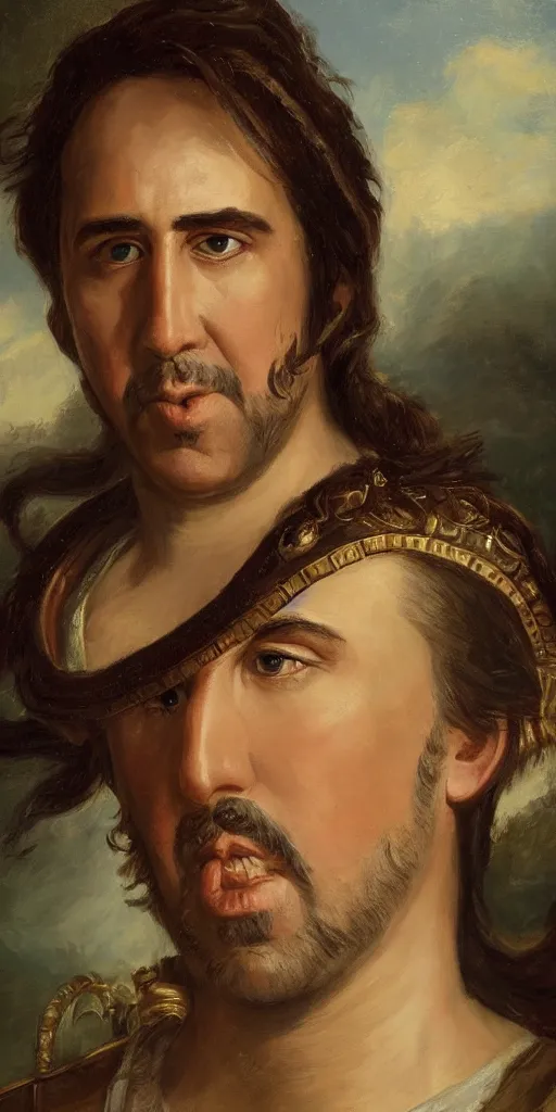 Image similar to Romantic-period style portrait of Nicholas Cage playing Alexander the Great, trending on artstation, oil painting masterpiece, symmetry, fractals, Greek iconography