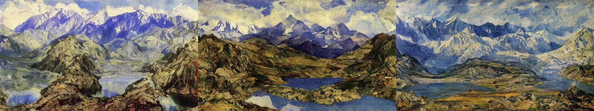 Prompt: lakeside mountains, by mikhail vrubel