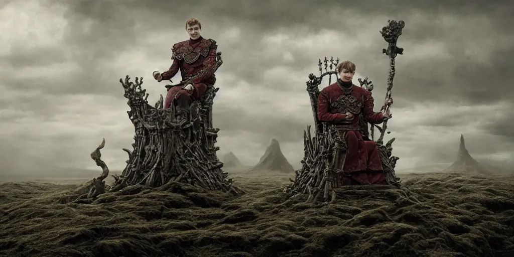 Image similar to Jack Gleeson as King Joffrey Baratheon sitting on the Iron Throne, Les Edwards, Zdzislaw Beksinski, Carl Gustav Carus, John Harris, Michal Karcz, Zhang Kechun, Mikko Lagerstedt, Scott Listfield, Steven Outram, Jessica Rossier