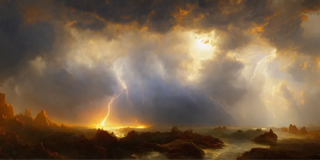 Prompt: a beautiful painting of epic skycape with thunder clouds and storm over a moody landscape by albert bierstadt and joseph zbukvic, moody color scheme, high detail, trending on artstation, orange - - 1, yellow - - 1