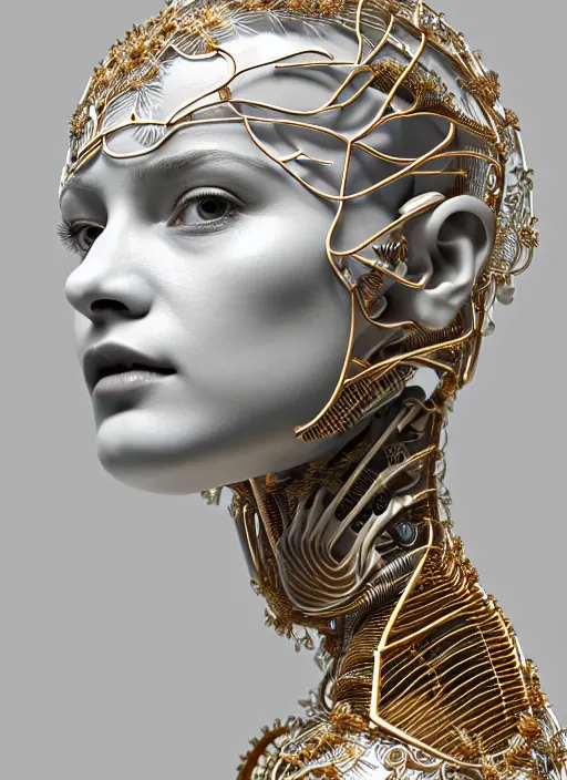 Image similar to complex 3d render ultra detailed of a beautiful porcelain profile woman face, mechanical cyborg, 150 mm, beautiful natural soft light, rim light, silver gold details, magnolia big leaves and stems, roots, fine foliage lace, maze like, mesh wire, intricate details, hyperrealistic, ultra detailed, mandelbrot fractal, anatomical, white metal neocubism armor, facial muscles, cable wires, microchip, elegant, octane render, H.R. Giger style, 8k