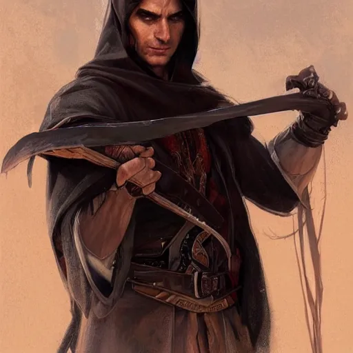 Prompt: portrait of a hooded half - elf man with black hair in a suburb, strong, angry, fantasy, highly detailed, digital painting, artstation, concept art, character art, art by greg rutkowski and tyler jacobson and alphonse mucha