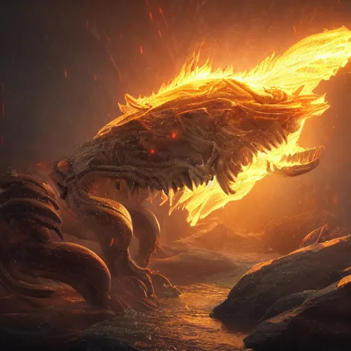 Prompt: A creature made of energy flows of water and fire, a highly detailed epic cinematic concept art CG render, made in Maya, Blender and Photoshop, octane render, excellent composition, dynamic dramatic cinematic lighting, by Dang My Linh