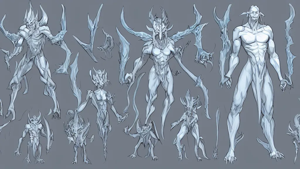 Image similar to a fantasy white and pale blue draconian demon with bright eyes character design sheet, trending on artstation