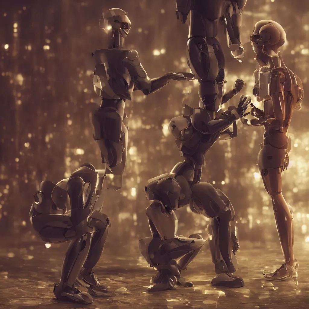 Prompt: male humanoid android proposing to female android, photo realistic image, 4K, super detailed, cinematic look