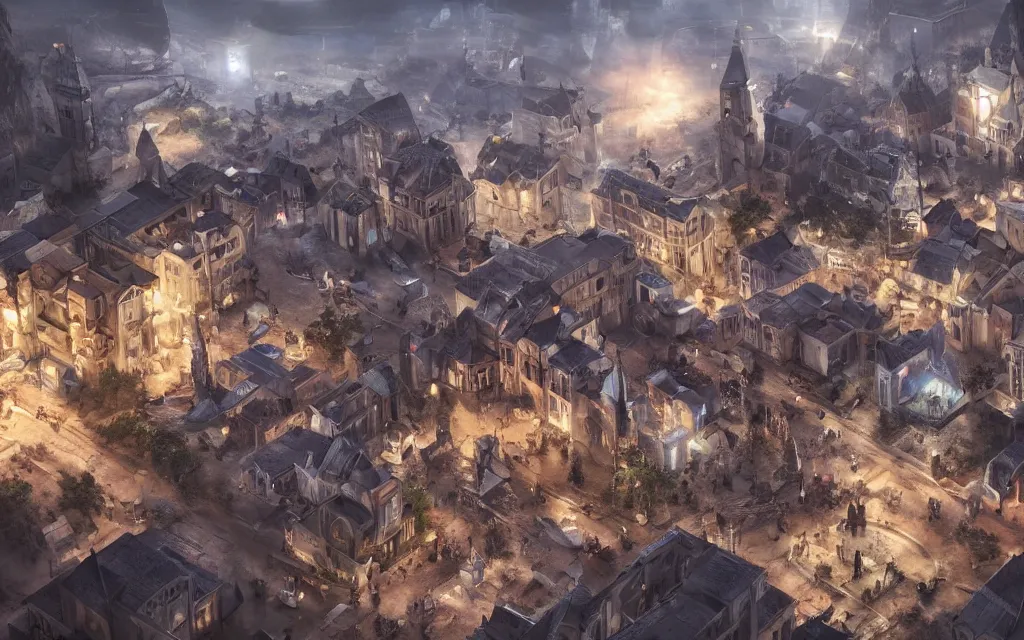 Image similar to at the square of a futuristic scfi french village, highly detailed, cinematic lighting, render, fantasy