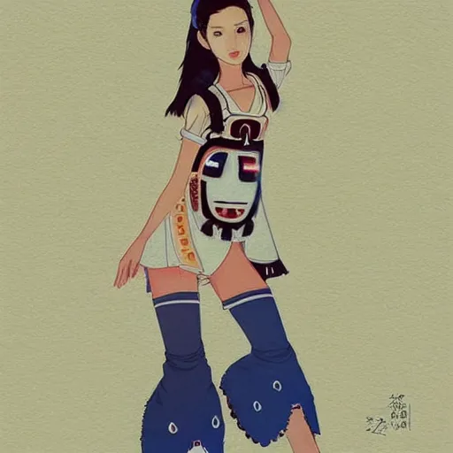 Image similar to a beautiful young japanese natalie portman alluring gravure model, stylized concept art, wearing elegant designer overalls, elegant overalls with mesoamerican patterns, mesoamerican native street fashion, princess mononoke, painted by jamie hewlett and ashley wood and mike mignola, aesthetic, gorgeous, stunning, alluring, attractive, artstation, pinterest, digital art