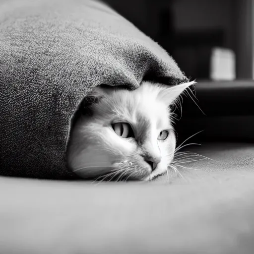 Image similar to a sadcat laying under a blanket, canon eos r 3, f / 1. 4, iso 2 0 0, 1 / 1 6 0 s, 8 k, raw, unedited, symmetrical balance, in - frame