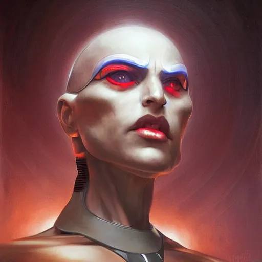 Image similar to portrait, augmented with technology cybernetic villain, red cybernetic eye, stern expression, elegant, highly detailed, digital painting, artstation, concept art, smooth, sharp focus, illustration, artgerm, tomasz alen kopera, peter mohrbacher, donato giancola, joseph christian leyendecker, wlop, frank frazetta