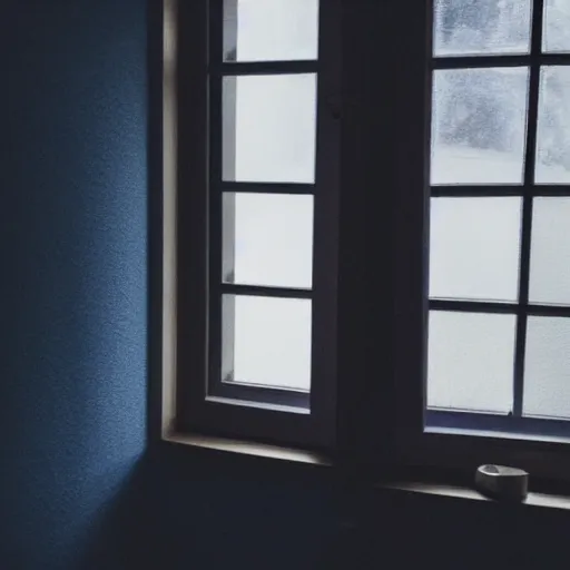 Image similar to photo of dark blue rainy bedroom window at night, creepy man staring in through thr window,