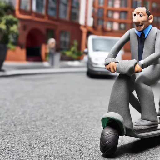 Prompt: a claymation figure of a man on a scooter