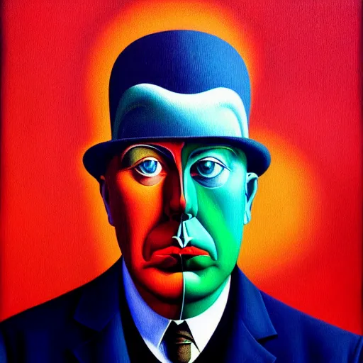 Image similar to An extremely psychedelic portrait of Rene Magritte, surreal, LSD, face, detailed, intricate, elegant, lithe, highly detailed, digital painting, artstation, concept art, smooth, sharp focus, illustration