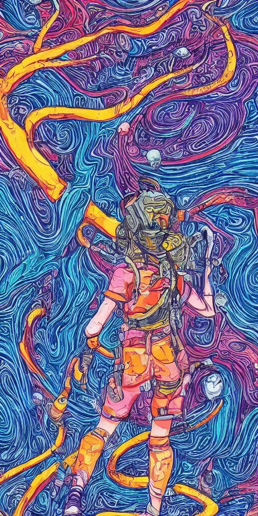 Prompt: Female backpacker exploring an exotic alien landscape, bold unique colours, heavy lines, detailed, intricate, manga,