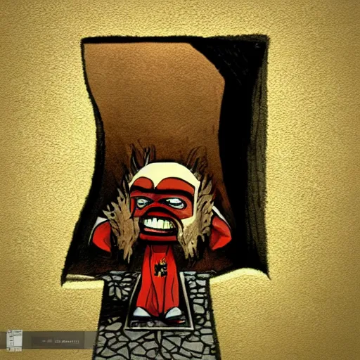 Image similar to gowron the klingon in a bathroom stall looking at a hole in the wall, random styles