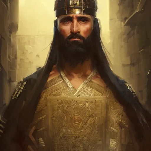 Image similar to a beautiful portrait of a babylonian warlord by greg rutkowski and adam hughes, highly realistic, intricate, detailed, 4 k textures, trending on artstation