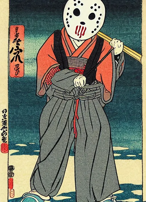 Image similar to jason voorhees as a yokai illustrated by kawanabe kyosai and toriyama sekien