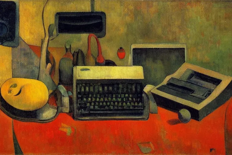 Image similar to still life painting of vintage computers by Paul Gauguin, oil on canvas, strong lighting, highly detailed, hyper realism, HD, 4K