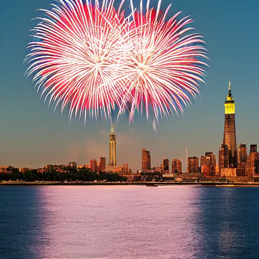 Prompt: Vérifié “Amazing fireworks, view from Ellis Island, 4th of July. Sony A7, f/2