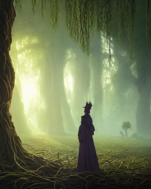 Prompt: highly detailed surreal vfx portrait of a cursed crown in a shadowy forest by a willow tree, stephen bliss, unreal engine, greg rutkowski, loish, rhads, beeple, makoto shinkai and lois van baarle, ilya kuvshinov, rossdraws, tom bagshaw, alphonse mucha, global illumination, detailed and intricate environment