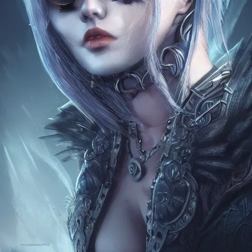 Image similar to kerli koiv, dungeonpunk darksynth character portrait, sharp, digital matte painting, anime key art by luis royo, greg rutkowski, wlop, dramatic lighting, trending on artstation