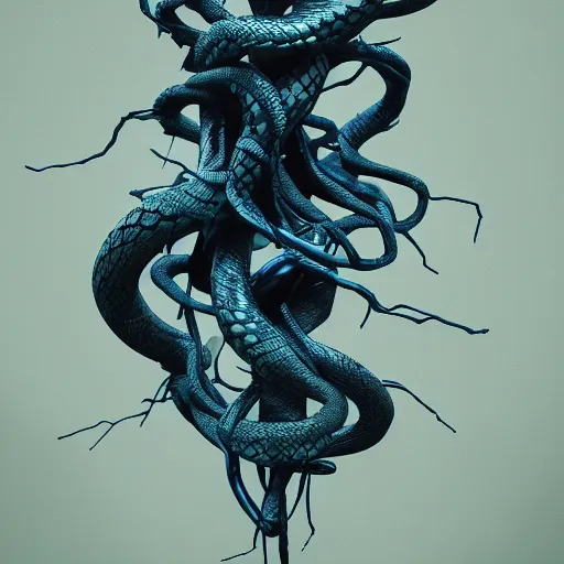 Image similar to dark queen of snakes, crown of snakes, blue skin, realism, dark fantasy, surrounded by thorned vines, octane render, artstation