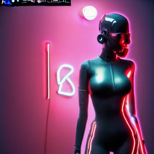 Image similar to An epic comic hyperrealistic full body shot portrait cg of a cyber warrrior girl wearing futuristic wardrobe, black and reddis, ultradetailed face expression trending on artstation and artbreeder, cyberpunk 2077 color, heavy rainning at tokyo night, neon light rooftop, unreal 5, DAZ, 8k, unreal 5 engine render, cosplay, RPG portrait, final fantasy Vll world concept, dramatic lighting, rim lights, PS5 render quality