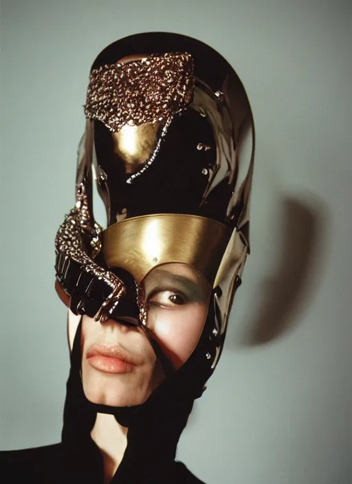 Image similar to a fashion portrait photograph of a woman wearing a metal mask designed by balenciaga, 3 5 mm, color film camera,