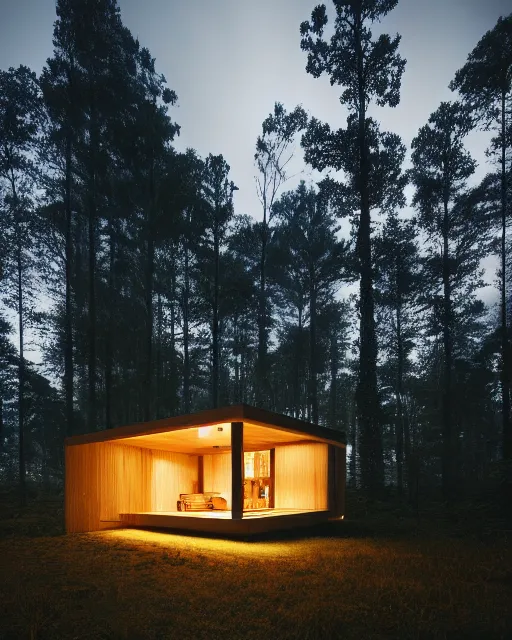 Image similar to an exquisite wooden house in the middle of a lush forest at night, minimalist design, architectural photography, dark and dim lighting, beautiful, tranquil, moody, cinematic, fantasy, 3 5 mm lens, volumetric lighting, first person view, photographic render, hyper realistic