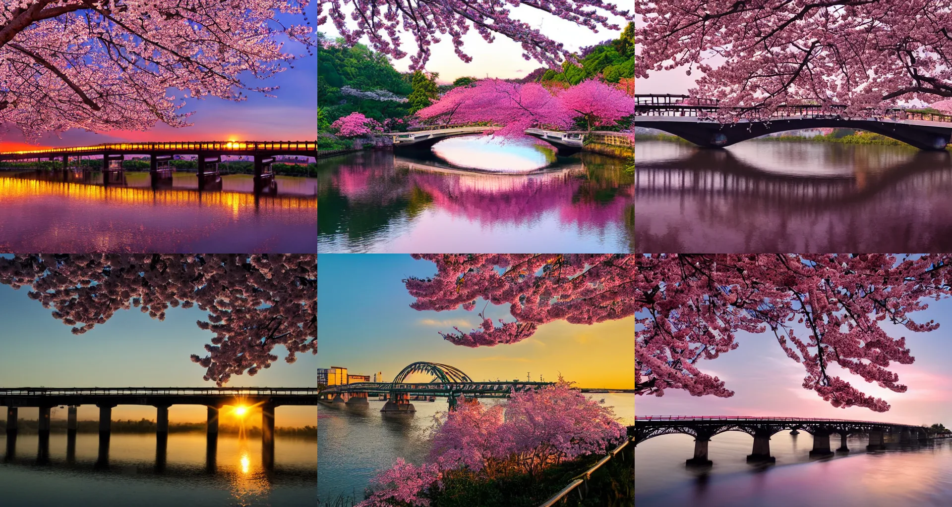 Prompt: sakura bridge, morning sunrise, ren bonian