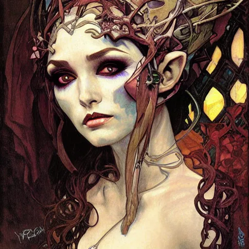 Image similar to head and shoulders portrait of a beautiful female drow elf warlock, royo, klimt, miro, vallejo, frazetta, alphonse mucha, greg rutkowski, whealan