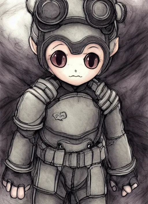 Image similar to beautiful little boy wearing an cyborg bear suit, artwork in kentaro miura and made in abyss and rosdraws, smooth, beautiful lightness, anatomically correct, trending on pixiv, forest