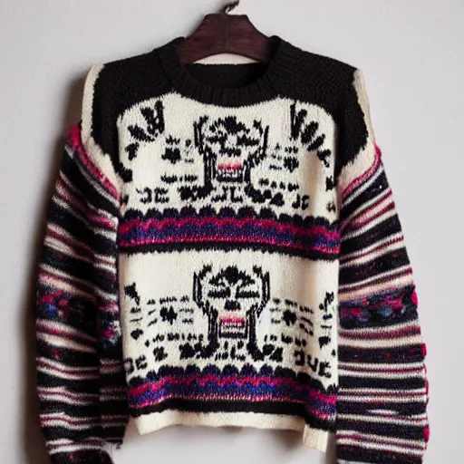 Image similar to a hand knit wool sweater with a calavera pattern