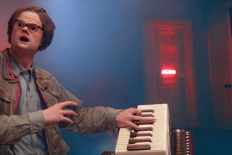 Prompt: dwight schrute playing the accordion aggressively, dramatic scene, heavy blue fog, single red lightning strike, ultra wide angle, movie still, photorealistic, stranger things, netflix, upside - down, colorful lighting, grainy, aerial shot, shot from above, movie still, monsters in background holding back