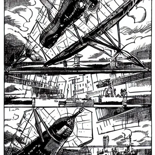 Prompt: steampunk flying air-ship by Dave Gibbons, Jack Kirby, Will Eisner