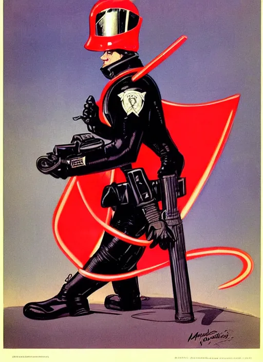 Prompt: a retrofuturistic security officer wearing black helmet and red uniform, vintage, retrofuturism, art by marc davis, marc davis artwork, poster