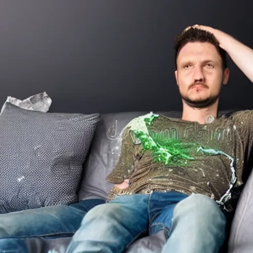 Prompt: chill guy relaxing on couch but drenched in radioactive sludge, stock photography