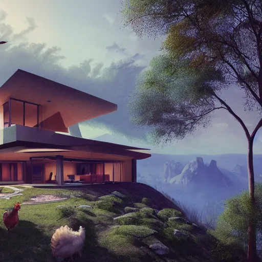 Image similar to modern villa inspired by a rooster, ultra detailed, matte painting, overlooking a valley, big trees, clouds, dramatic lighting, artstation, matte painting, raphael lacoste, simon stalenhag, frank lloyd wright, drone view