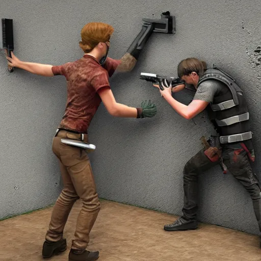 Image similar to KUNTEYNIR and BIRD WILL EAT wall on wall shootout with gun, HD, 8K