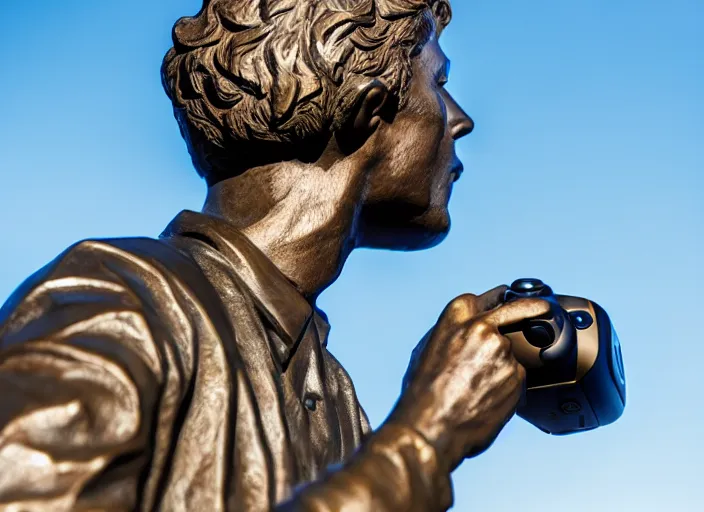 Image similar to photo still of a bronze statue of a man gaming in vr in a park on a bright sunny day, 8 k 8 5 mm f 1 6