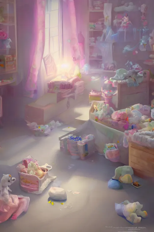 Prompt: Diaper Disposal Factory, Overflowing with Diapers, digital art, fantasy, trending on artstation, professional illustration, cgsociety, ultra detailed, volumetric lighting, celshaded, colorful, girly bedroom, lively, cute