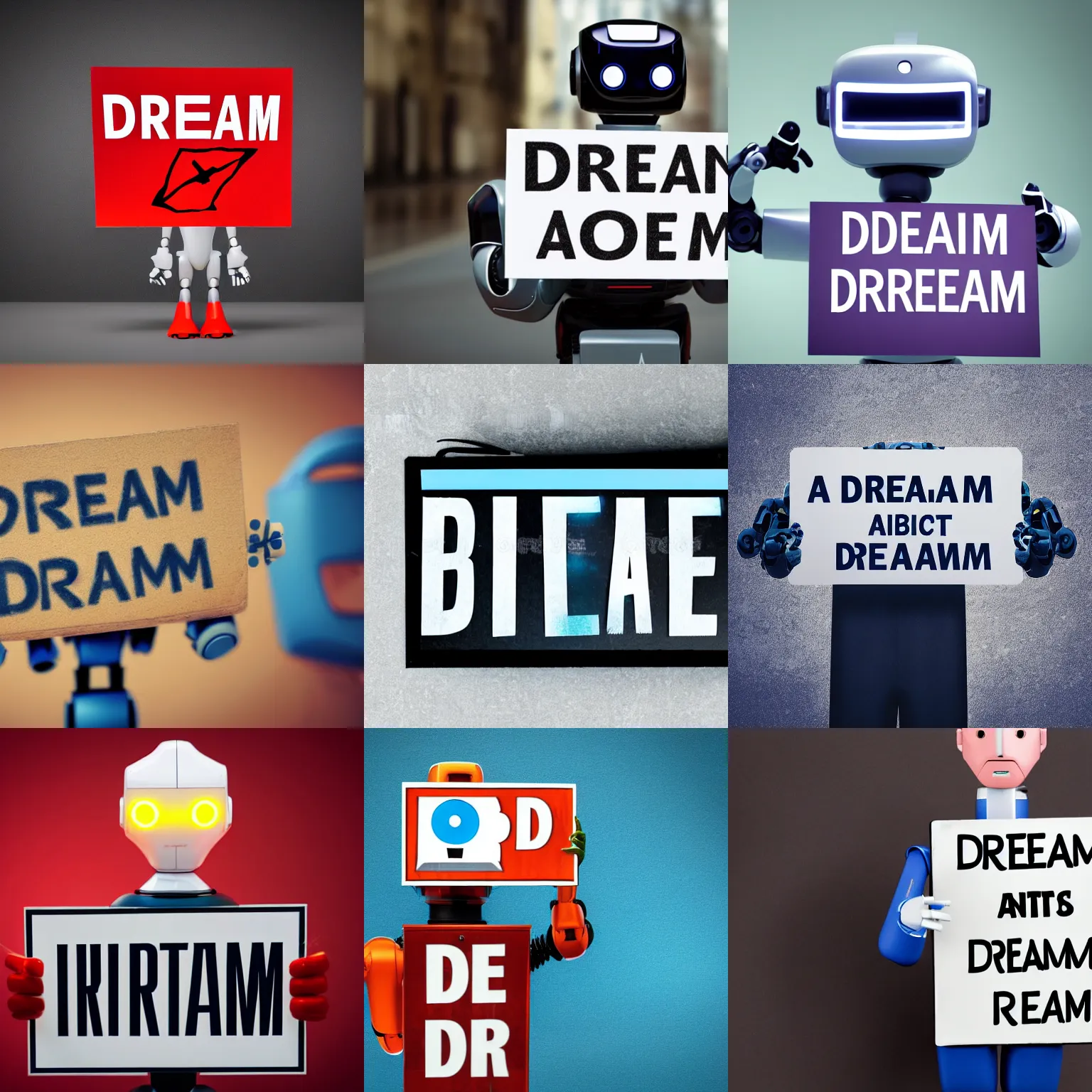 Image similar to artificial intelligence robot holding a sign with text that reads : dream