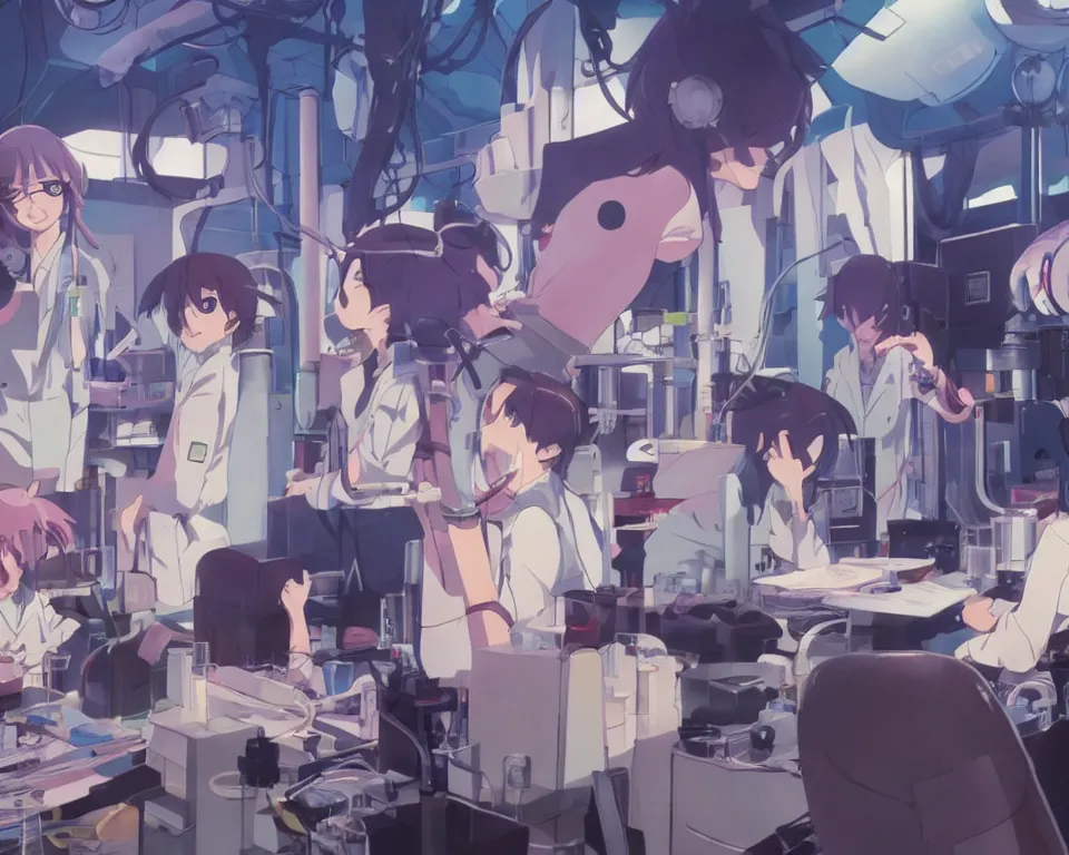 Image similar to anime still of reckless!!! whimsical! trippy scientists in a lab inventing, presentation, scattered tables overloaded with doomsday devices and beakers and test tubes, by makoto shinkai yoshinari yoh ilya kuvshinov